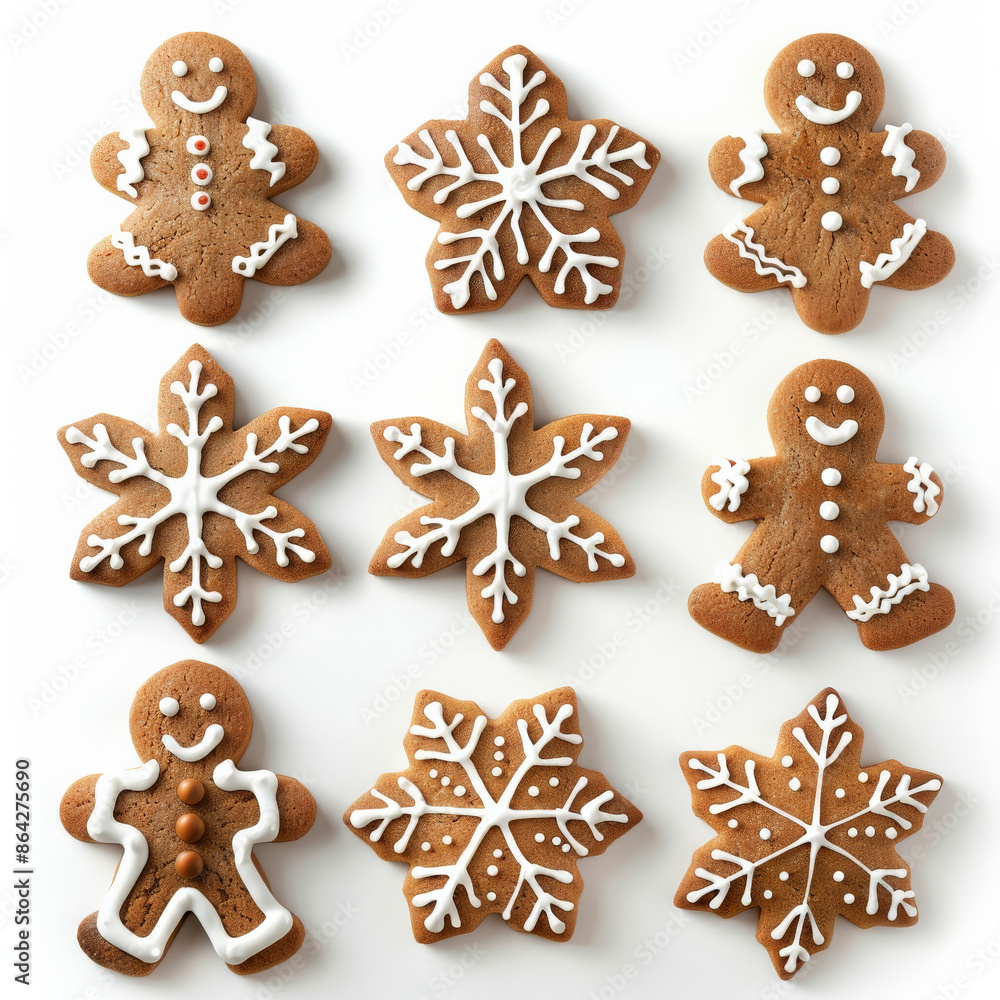 A set of traditional gingerbread cookies decorated with icing, isolated on white background A set of traditional gingerbread cookies decorated with icing, isolated on white background