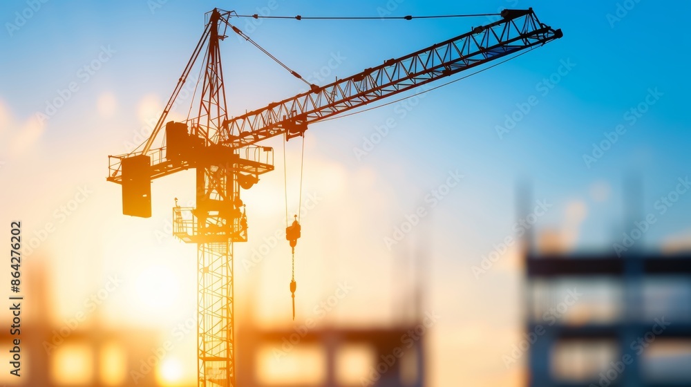Industrial construction crane at building site on sunset daytime, industrial development Industrial construction crane at building site on sunset daytime, industrial development