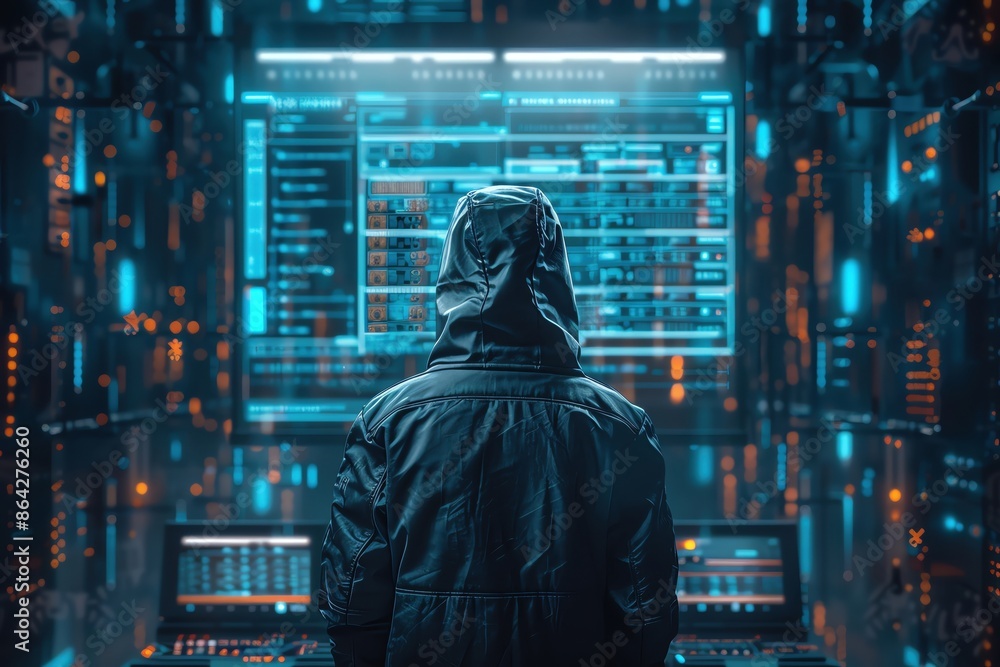A hooded figure stands in front of a large screen displaying code, representing the concept of hacking and cybersecurity. A hooded figure stands in front of a large screen displaying code, representing the concept of hacking and cybersecurity.