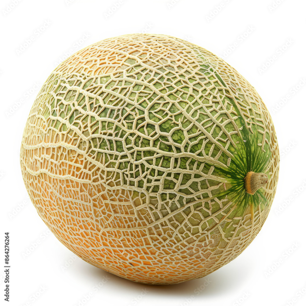 A whole, ripe cantaloupe melon with a netted skin, isolated on white background A whole, ripe cantaloupe melon with a netted skin, isolated on white background