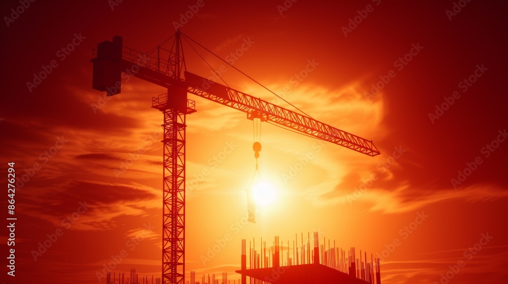Industrial crane silhouetted against a stunning sunset, active building site, machinery and construction materials scattered, workers collaborating, urban development scene Industrial crane silhouetted against a stunning sunset, active building site, machinery and construction materials scattered, workers collaborating, urban development scene