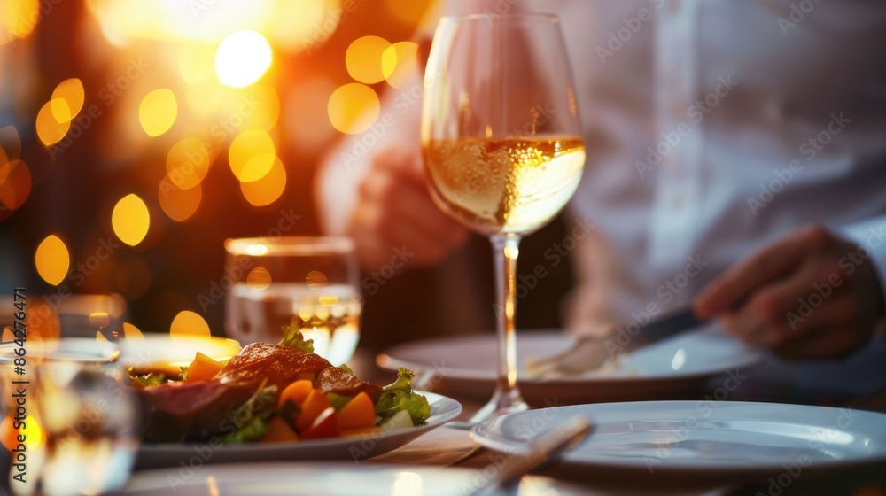 Romantic dinner setting with elegant dish and glass of white wine, creating an intimate dining atmosphere under warm, ambient lights. Romantic dinner setting with elegant dish and glass of white wine, creating an intimate dining atmosphere under warm, ambient lights.