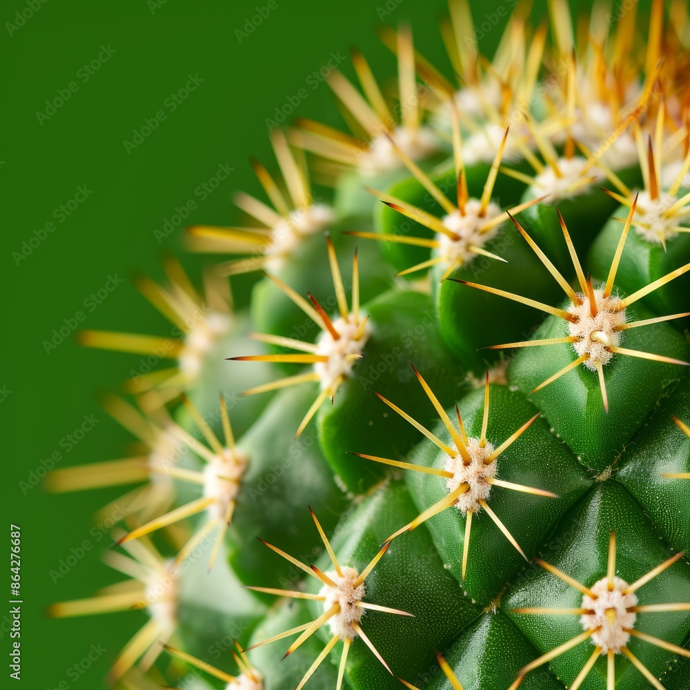 Macro image of a vibrant green cactus with yellow spines, under natural sunlight. Focused on the detailed texture and colors, ideal for nature and botanical themes Macro image of a vibrant green cactus with yellow spines, under natural sunlight. Focused on the detailed texture and colors, ideal for nature and botanical themes