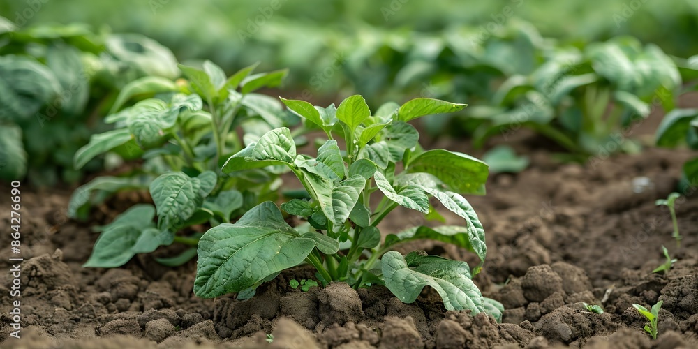 Growing potato plant with green leaves and tubers emerging from soil. Concept Gardening, Potato Plant, Green Leaves, Tubers, Soil Growing potato plant with green leaves and tubers emerging from soil. Concept Gardening, Potato Plant, Green Leaves, Tubers, Soil