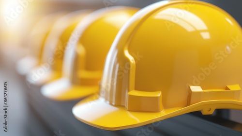 Line of yellow hard hats on a construction site, symbolizing safety and industrial diligence, with a softly blurred background for a professional look photo
