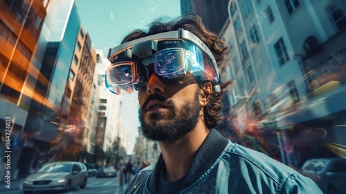 Augmented reality glasses overlaying digital information on the real world, with a person navigating a city street © Gomez