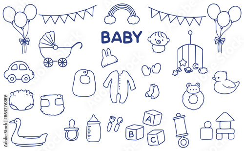 かわいい手描きのベビー用品イラストのセット