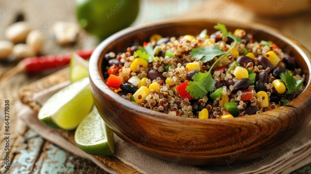 Healthy quinoa salad with black beans, corn, and fresh vegetables served in a wooden bowl, garnished with cilantro and lime wedges. Healthy quinoa salad with black beans, corn, and fresh vegetables served in a wooden bowl, garnished with cilantro and lime wedges.