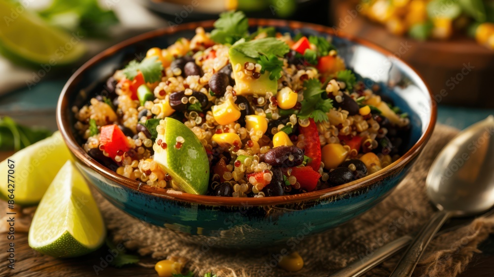 A colorful bowl of healthy quinoa salad with black beans, corn, red bell peppers, avocado, and fresh cilantro, garnished with lime wedges. A colorful bowl of healthy quinoa salad with black beans, corn, red bell peppers, avocado, and fresh cilantro, garnished with lime wedges.