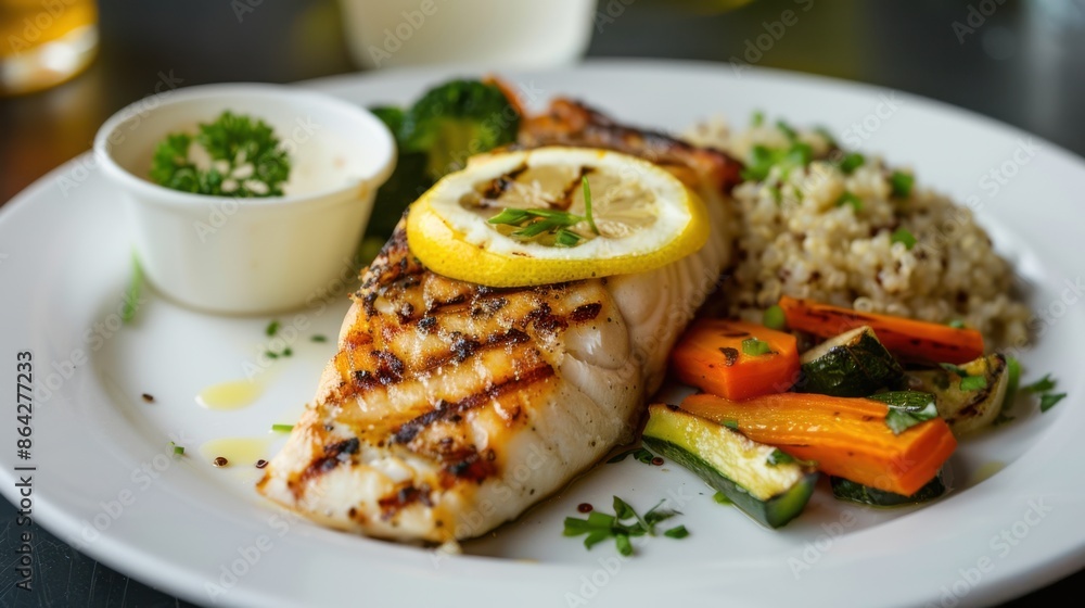 Grilled fish fillet with lemon slice, served with vegetables and quinoa on a white plate, garnished with parsley. Grilled fish fillet with lemon slice, served with vegetables and quinoa on a white plate, garnished with parsley.