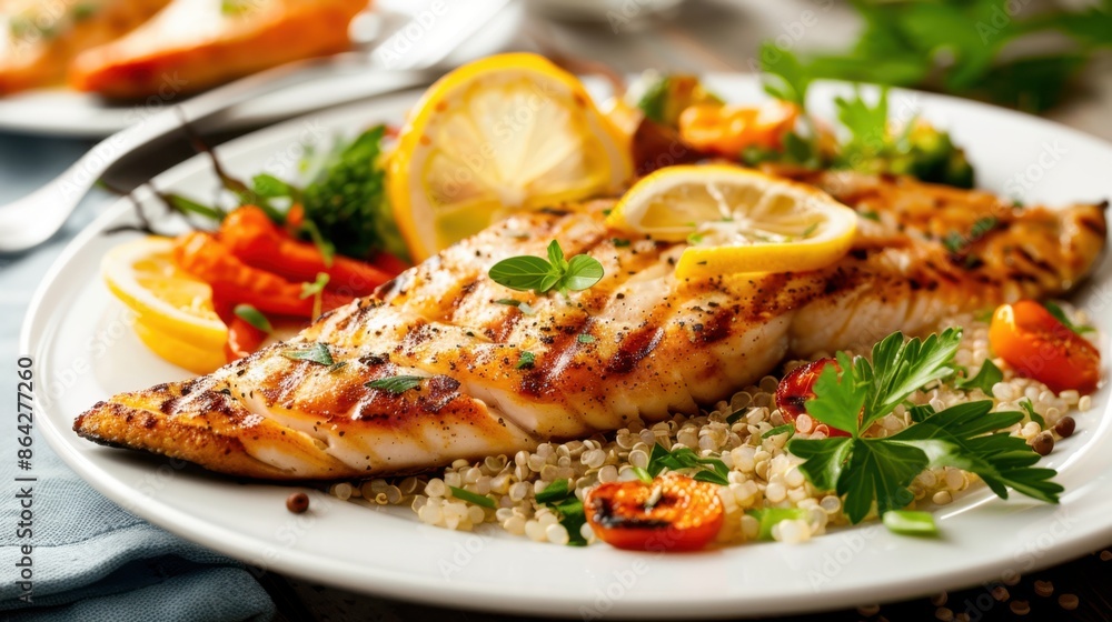 Grilled fish fillet with lemon slices, fresh herbs, and a side of quinoa and vegetables, served on a white plate. Grilled fish fillet with lemon slices, fresh herbs, and a side of quinoa and vegetables, served on a white plate.