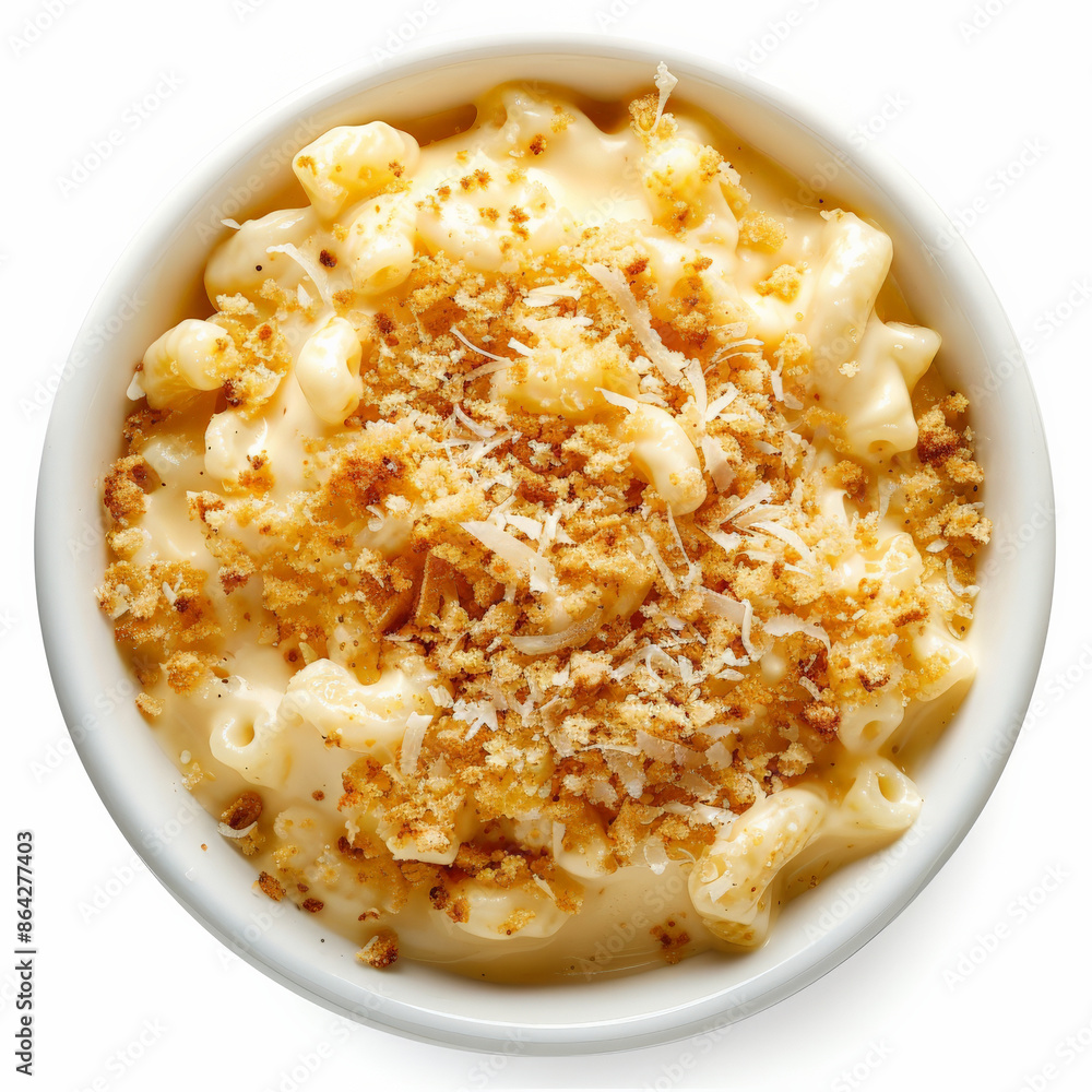 A bowl of creamy mac and cheese with breadcrumbs on top, isolated on white background A bowl of creamy mac and cheese with breadcrumbs on top, isolated on white background