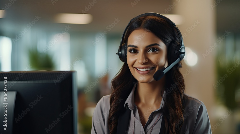 Smiling Customer Service Representative with Headset Assisting Clients in Modern Office Smiling Customer Service Representative with Headset Assisting Clients in Modern Office