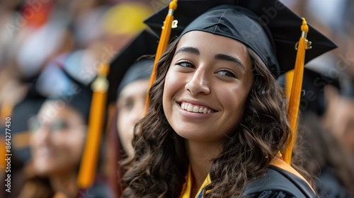 Close up smiling woman on her university graduation ceremonies. Crowded situation in a college graduation.