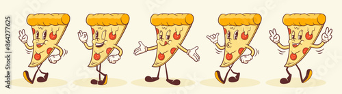Groovy Pizza Retro Characters Set. Cartoon Food Slice Walking and Smiling. Vector Fastfood Mascot Templates Collection. Happy Vintage Fast Food Cool Illustrations Isolated