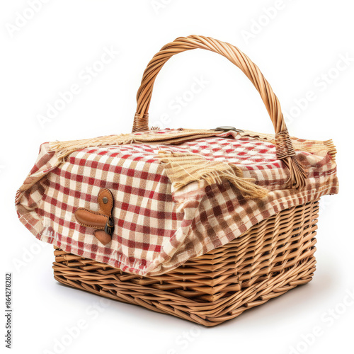 A chic woven picnic basket with a handle, isolated on white background