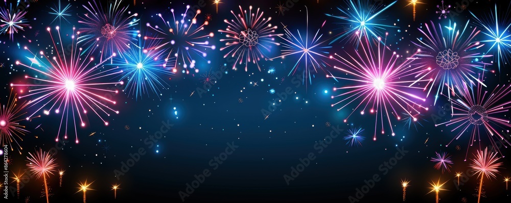 Fototapeta premium Colorful fireworks display with vibrant bursts of light illuminating the night sky, capturing the festive celebration and joyful atmosphere. Independence Day, July 4. Traditional American Memorial Day