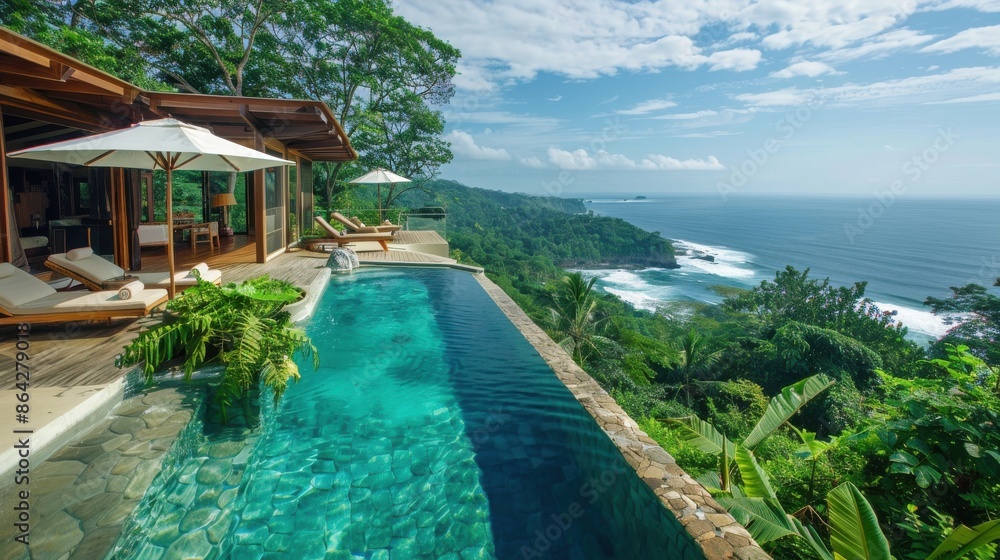 Fototapeta premium Luxury Tropical Villa with Infinity Pool Overlooking Ocean..