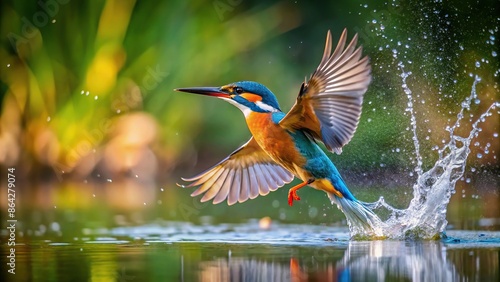 Kingfisher bird taking off wings, creating splashes in idyllic pond, kingfisher, bird, water, wings, splash, pond