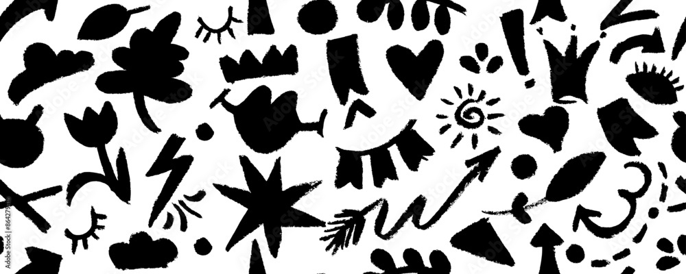 Vector seamless pattern with charcoal graffiti doodle and girly shapes Hand drawn abstract scribbles and squiggles, creative various shapes, pencil drawn. Scribbles, scrawls, stars, crown, Vector seamless pattern with charcoal graffiti doodle and girly shapes Hand drawn abstract scribbles and squiggles, creative various shapes, pencil drawn. Scribbles, scrawls, stars, crown,