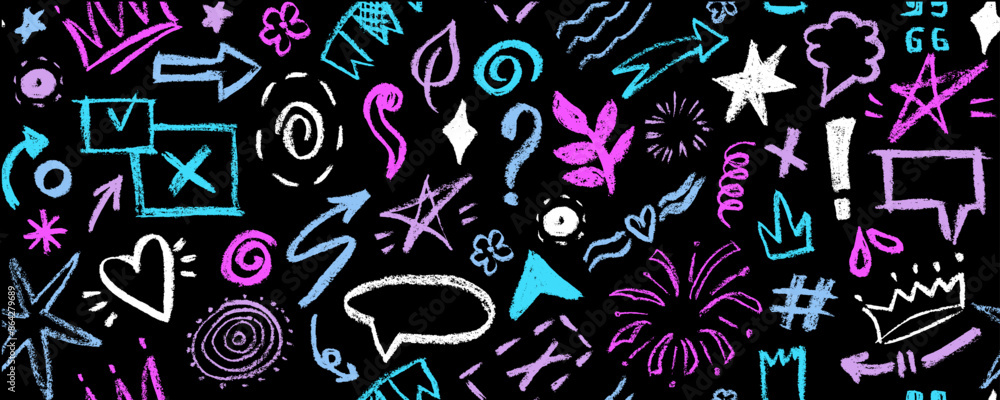 Fototapeta premium Vector seamless pattern with colorful charcoal graffiti doodle and girly shapes. Hand drawn abstract scribbles and squiggles, creative various shapes, pencil drawn. Scribbles, scrawls, stars, crown,