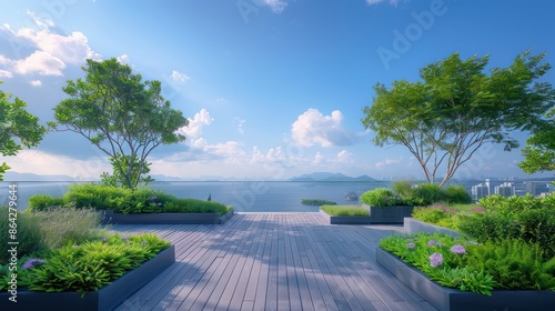 Sky garden on a rooftop with a colorful flowers, green plants and beautiful sky and building view.