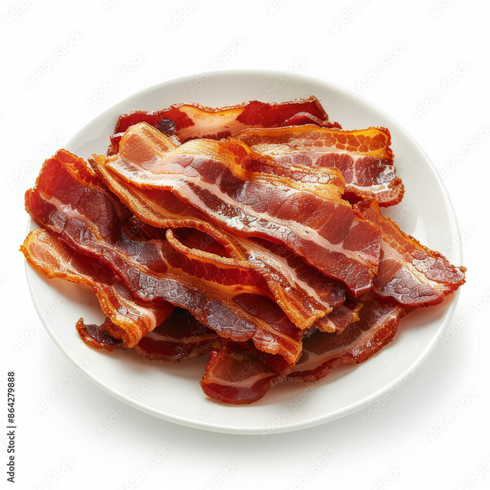 A dish of crispy bacon strips, perfectly cooked and arranged in a stack, isolated on white background A dish of crispy bacon strips, perfectly cooked and arranged in a stack, isolated on white background