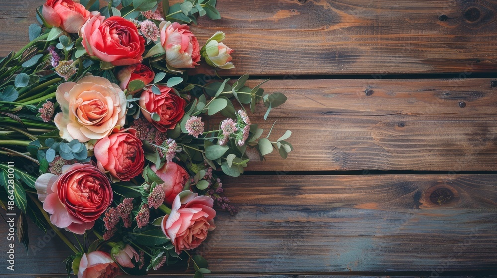 Arrange flowers on a wooden surface without text Arrange flowers on a wooden surface without text