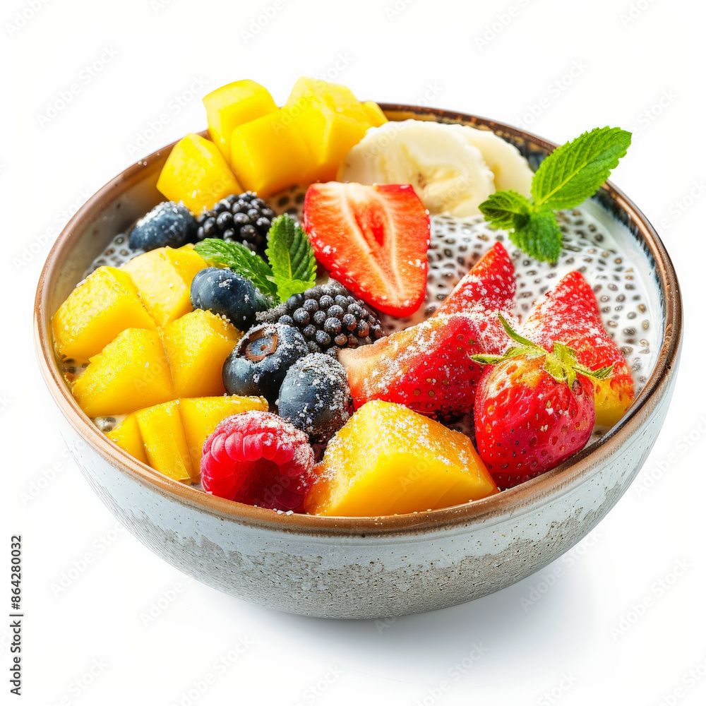 A bowl of chia pudding with coconut milk and tropical fruits, isolated on white background A bowl of chia pudding with coconut milk and tropical fruits, isolated on white background