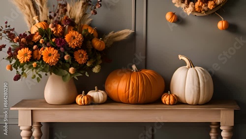 Fall Decor With Pumpkins and Flowers Generative AI
