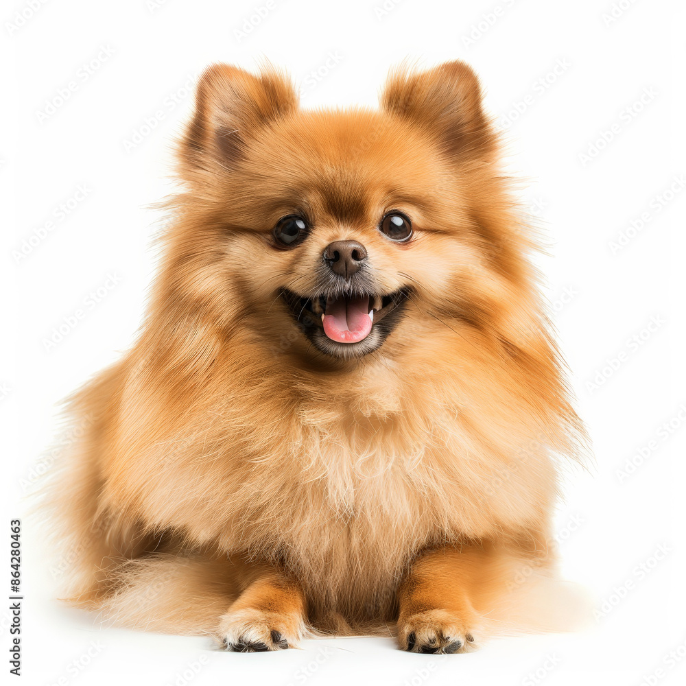A fluffy Pomeranian dog with a happy expression, isolated on white background A fluffy Pomeranian dog with a happy expression, isolated on white background