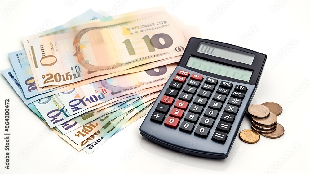 calculator and Euro banknotes on white background calculator and Euro banknotes on white background