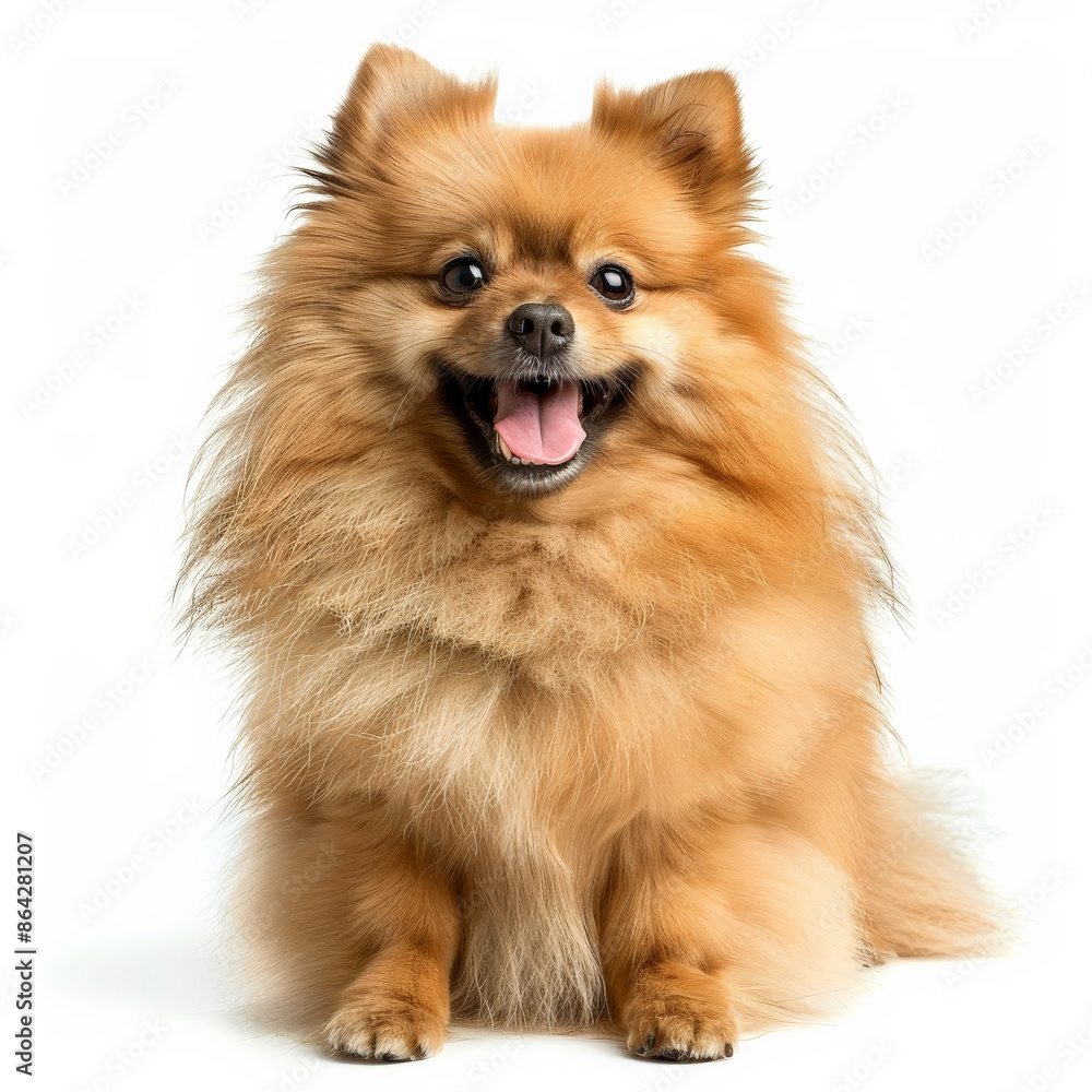 A fluffy Pomeranian dog with a happy expression, isolated on white background A fluffy Pomeranian dog with a happy expression, isolated on white background