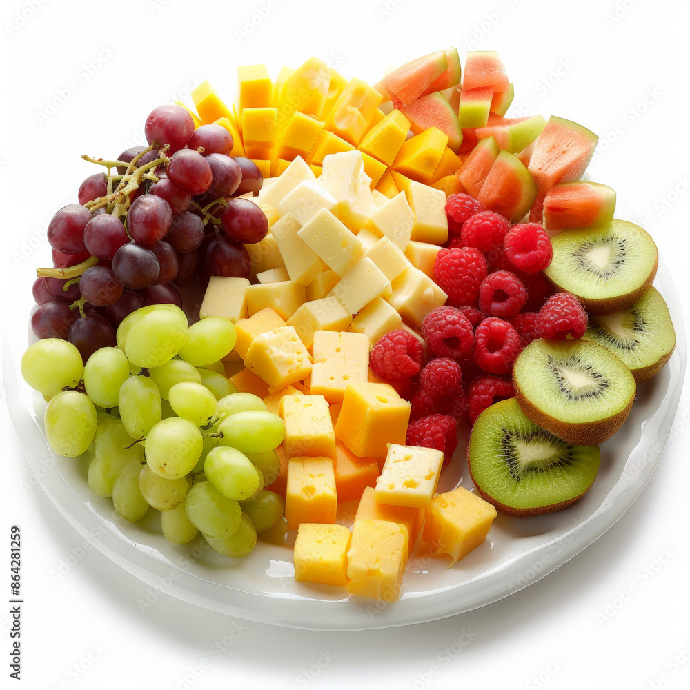 A platter of assorted fresh fruits and cheese cubes, isolated on white background A platter of assorted fresh fruits and cheese cubes, isolated on white background