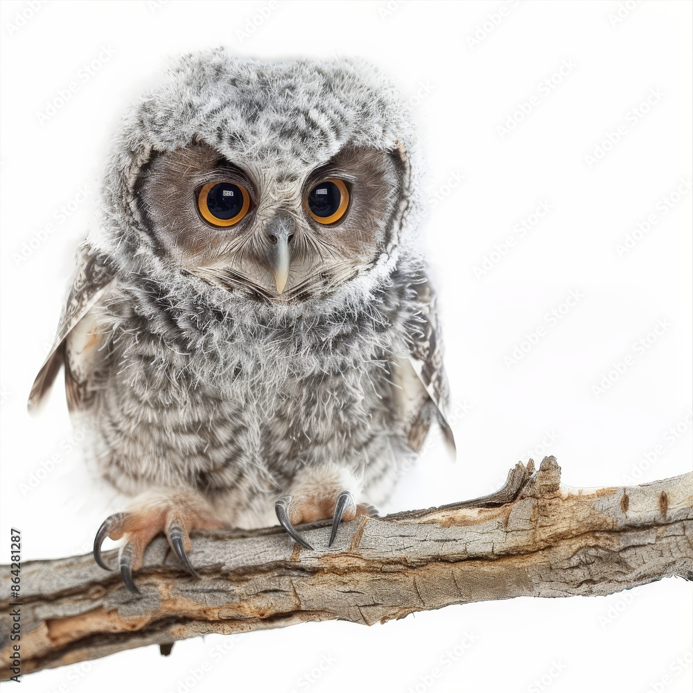 A cute baby owl with big eyes and fluffy feathers, perched on a branch, isolated on white background A cute baby owl with big eyes and fluffy feathers, perched on a branch, isolated on white background