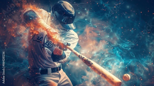 Baseball Player Swinging at a Pitch with Dramatic Smoke and Fire