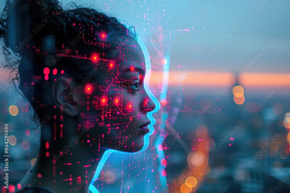 A woman's profile, illuminated by neon lights, against a blurred cityscape background, suggesting a connection between technology and human presence. A woman's profile, illuminated by neon lights, against a blurred cityscape background, suggesting a connection between technology and human presence.
