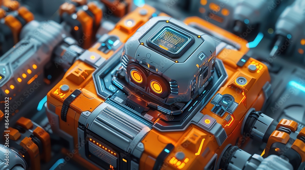 Close-up of a futuristic robot with orange and blue details, showcasing intricate mechanical design and glowing lights. Close-up of a futuristic robot with orange and blue details, showcasing intricate mechanical design and glowing lights.