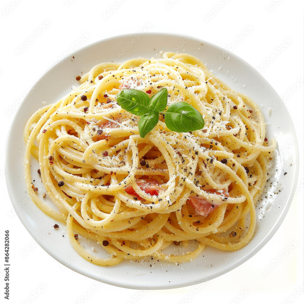 A plate of spaghetti carbonara with parmesan and black pepper, isolated on white background A plate of spaghetti carbonara with parmesan and black pepper, isolated on white background