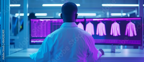 Fashion designer in a modern techenhanced workshop overseeing robotic garment assembly, using a holographic dashboard to track progress, vibrant setting, sharp clarity photo