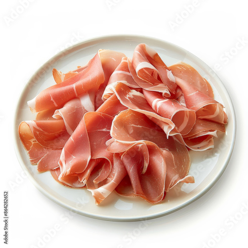 A plate of thinly sliced prosciutto, artfully arranged in folds, isolated on white background