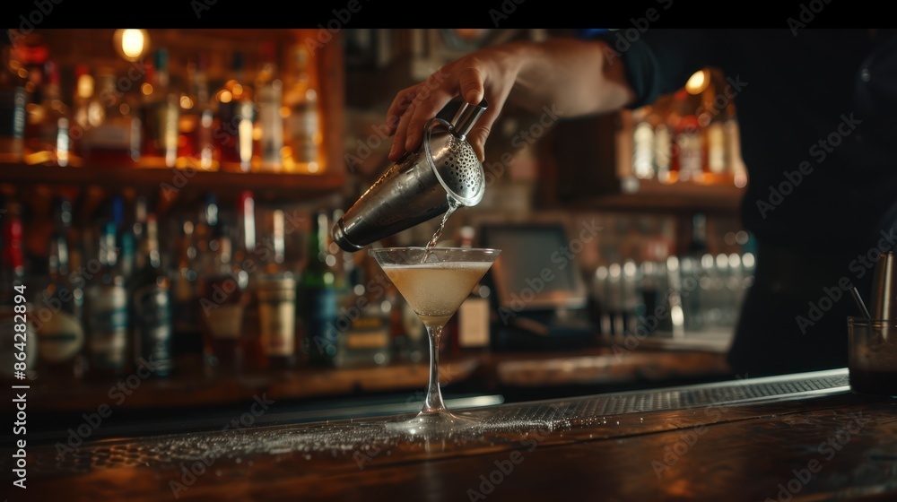 Naklejka premium The bartender pouring cocktail