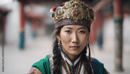 Tibetan woman in traditional dress, isolated white background, copy space for text