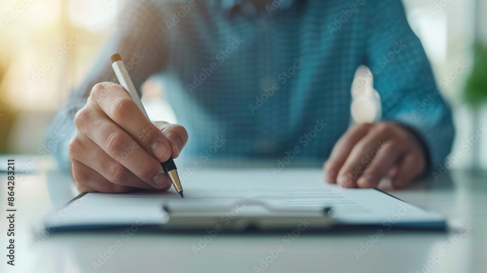 Fototapeta premium Real estate agent in a contemporary office finalizing contract details, using a digital signature pad and printed agreements, bright environment, sharp clarity
