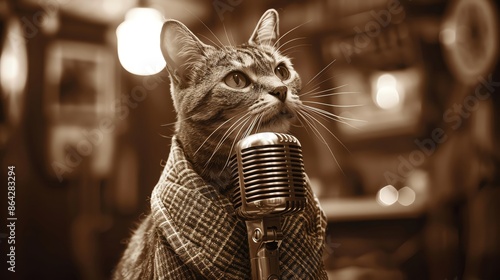 A dapper cat in a vintage coat, poised with a microphone, ready to perform. photo