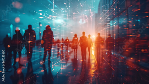 Wallpaper Mural Futuristic Cityscape with Silhouetted People and Digital Light Effects at Sunset Torontodigital.ca