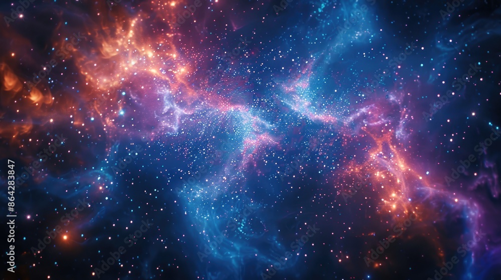 Naklejka premium Stunning view of a vibrant galaxy's cosmic clouds with glowing stars, showcasing the beauty of the universe in vivid colors and textures.