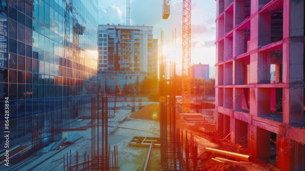 Construction Site at Sunset with Buildings Construction Site at Sunset with Buildings