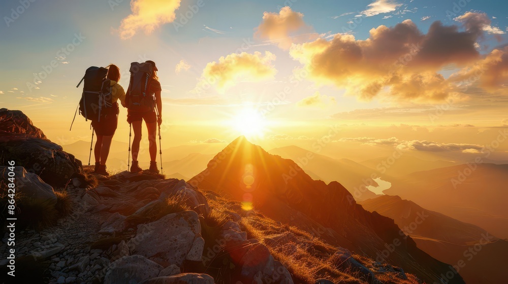 adventurous couple hiking on mountain peak at golden hour silhouette freedom travel adventurous couple hiking on mountain peak at golden hour silhouette freedom travel