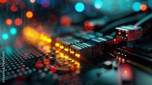 Closeup of a vibrant and colorful electronic circuit board with glowing lights